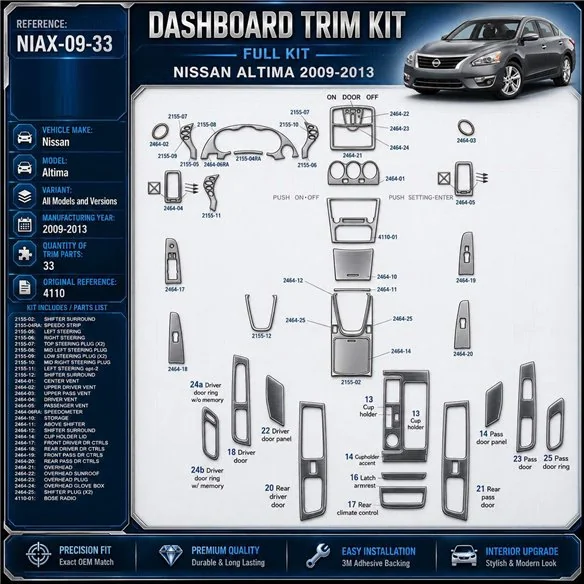 Nissan Altima 2009-2013 interieur dashboard decoratieset dashboard decor 33 delen