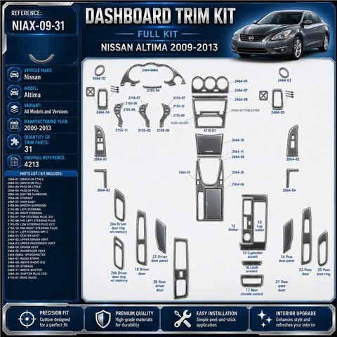 Nissan Altima 2009-2013 Interior Dashboard Trim Kit Dash Trim Dekor 31 Parts
