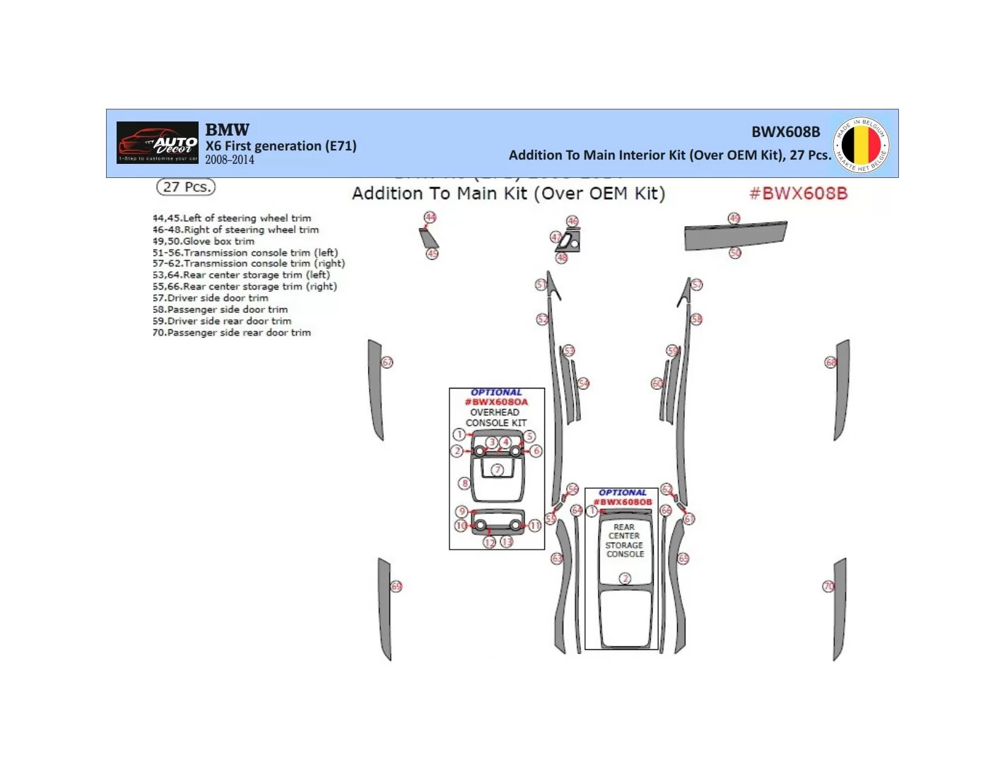 BMW X6 E71 2008-2014 3D Decor de carlinga su interior del coche 27-Partes