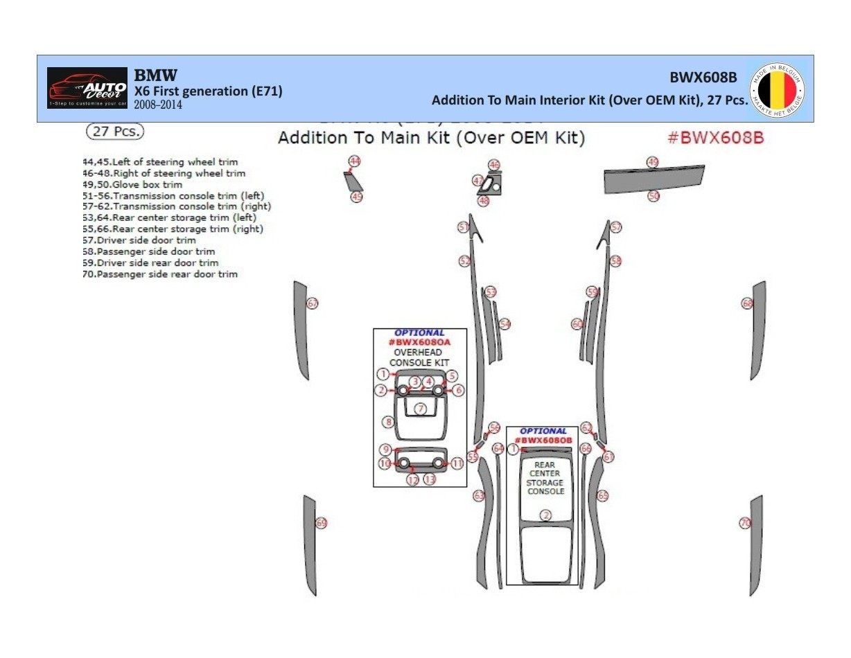 BMW X6 E71 2008-2014 Kit la décoration du tableau de bord 27-Pièce - 1 - habillage decor de tableau de bord