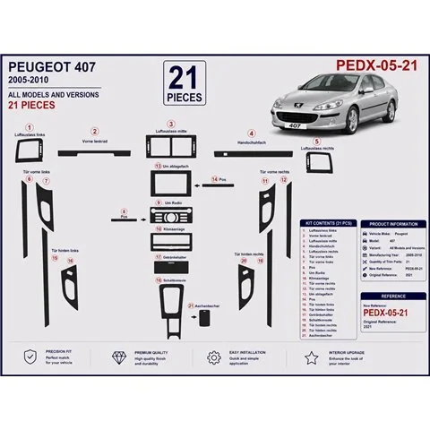 Peugeot 407 Doors 2005-2010 kit décor tableau de bord 3D, 21 pièces 2