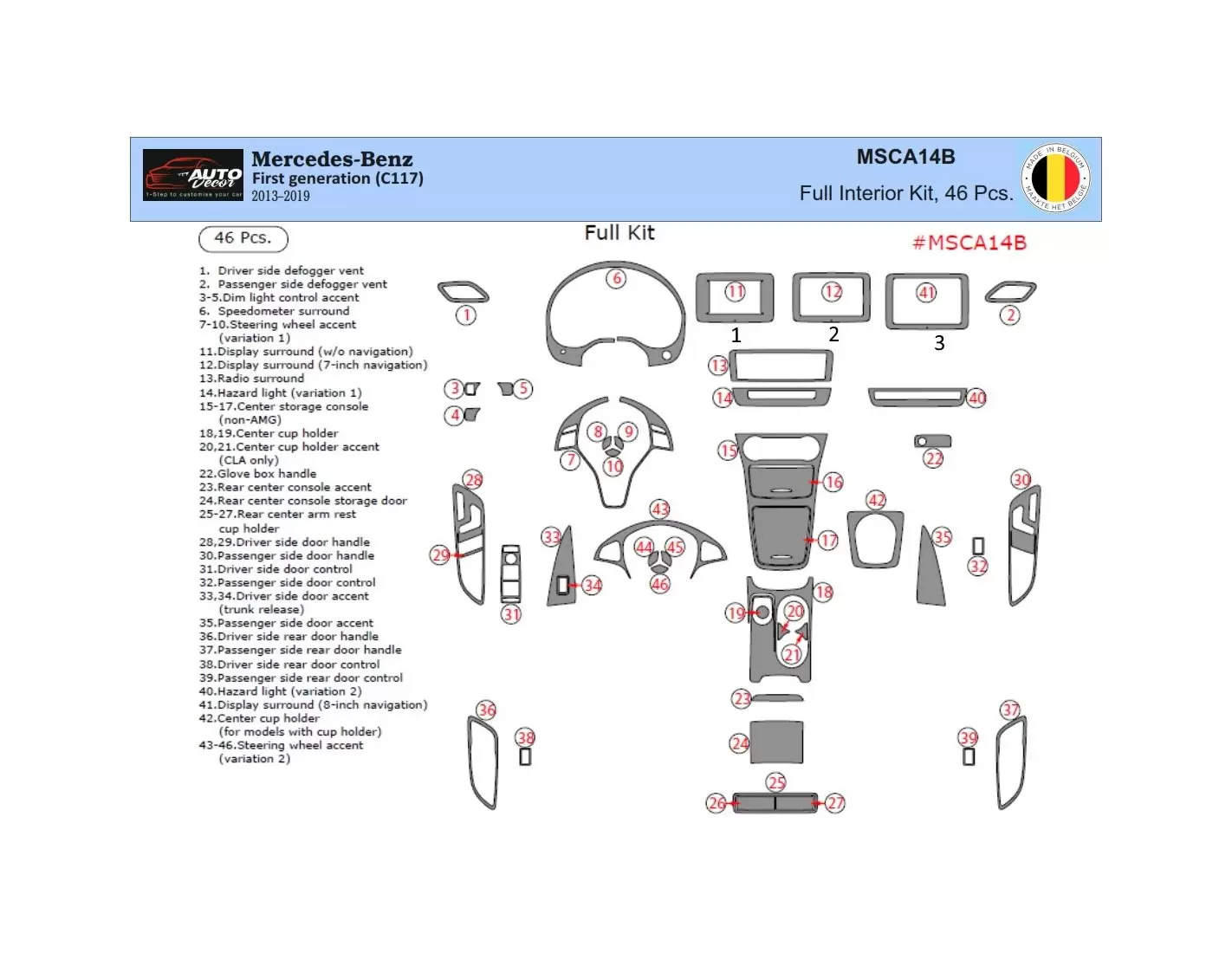 Mercedes-Benz CLA-Class 2014-2017 3D Interior Dashboard Trim Kit Dash Trim Dekor 39-Parts