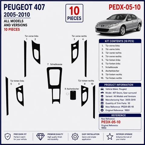 Peugeot 407 Doors 2005-2010 3D dashboard trim kit, 10 parts