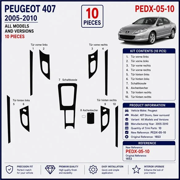Peugeot 407 Doors 2005-2010 3D dashboard sierlijstset, 10 delen