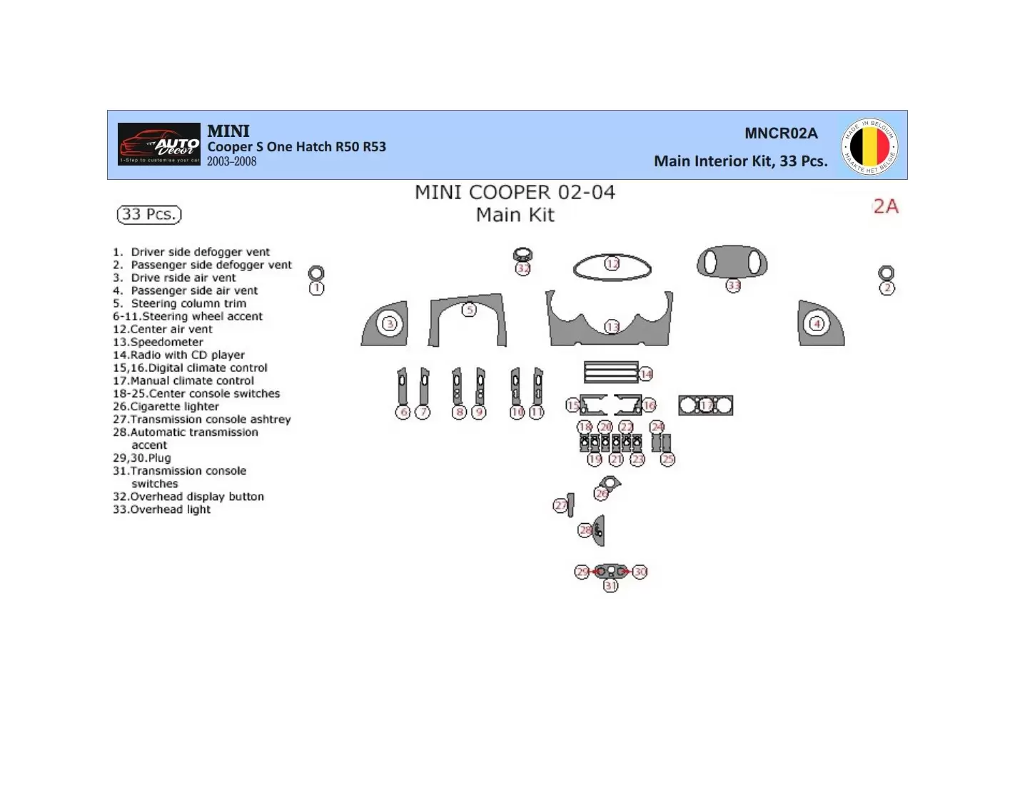 Mini Cooper R50 R53 2003-2008 3D Decor de carlinga su interior del coche 33-Partes