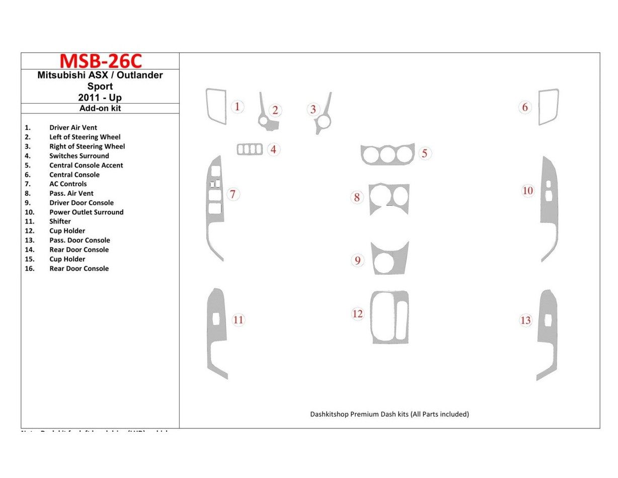 Mitsubishi ASX 2011-UP additional kit fits OEM BD Interieur Dashboard Bekleding Volhouder