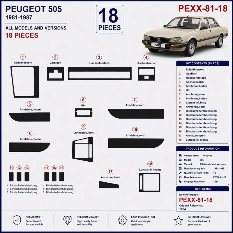 Peugeot 505 1981-1987 kit décor tableau de bord 3D, 18 pièces