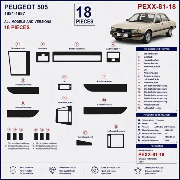 Peugeot 505 1981-1987 kit salpicadero 3D, 18 piezas