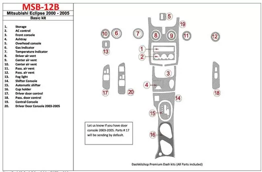 Mitsubishi Eclipse 2000-2005 Basic Set, 19 Parts set Cruscotto BD Rivestimenti interni