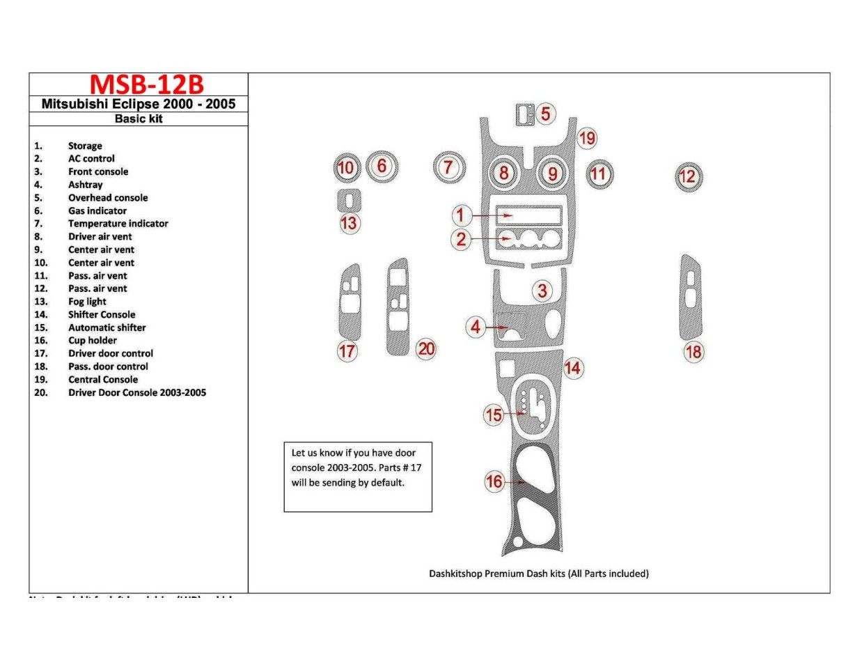 Mitsubishi Eclipse 2000-2005 Basic Set, 19 Parts set BD Interieur Dashboard Bekleding Volhouder