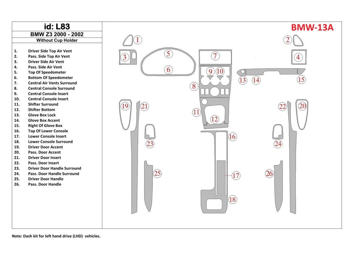 BMW Z3 2000-2003 Without glass-holder BD Interieur Dashboard Bekleding Volhouder