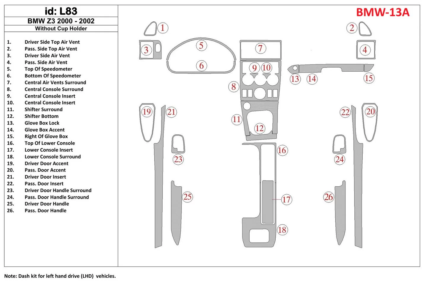 BMW Z3 2000-2003 Without glass-holder Interior BD Dash Trim Kit