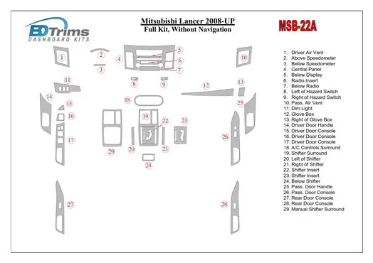 Mitsubishi Lancer 2008-UP Full Set, Without NAVI BD Interieur Dashboard Bekleding Volhouder