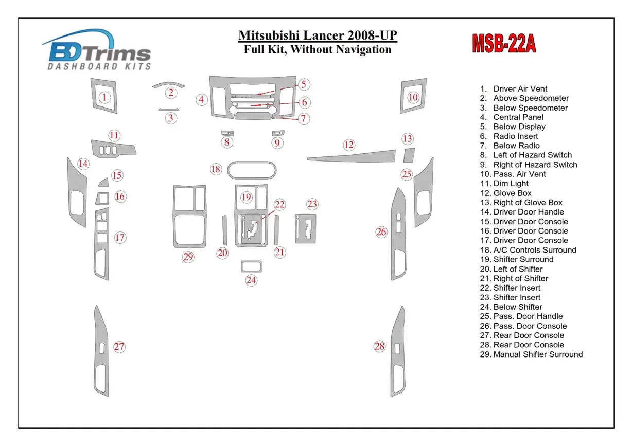 Mitsubishi Lancer 2008-UP Full Set, Without NAVI Decor de carlinga su interior
