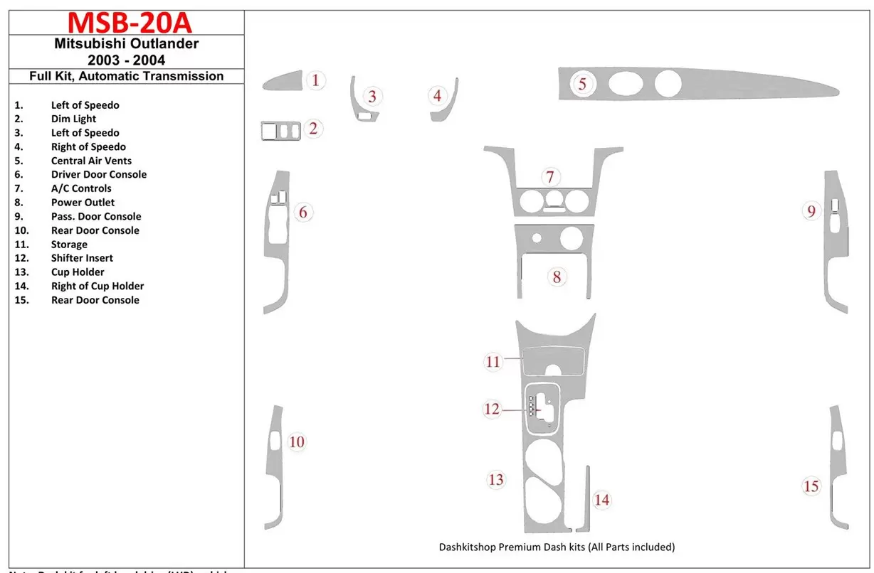 Mitsubishi Outlander 2003-2004 Full Set, Automatic Gear BD Interieur Dashboard Bekleding Volhouder