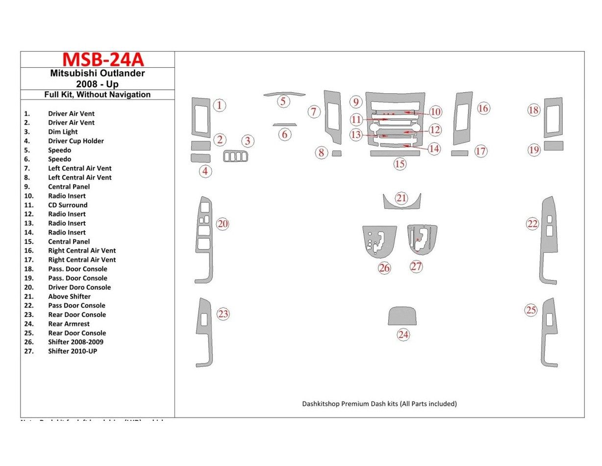 Mitsubishi Outlander 2008-UP Full Set, Without NAVI Interior BD Dash Trim Kit