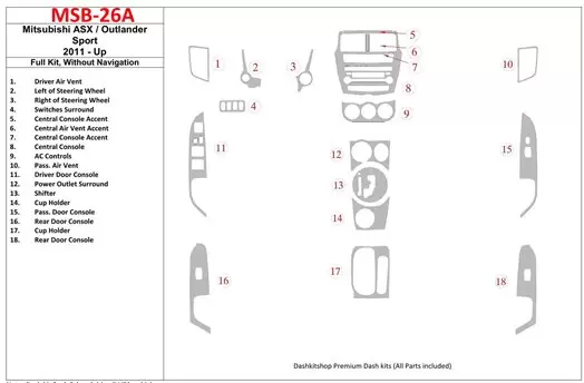 Mitsubishi Outlander ASX/Sport 2011-UP Full Set, Without NAVI Interior BD Dash Trim Kit