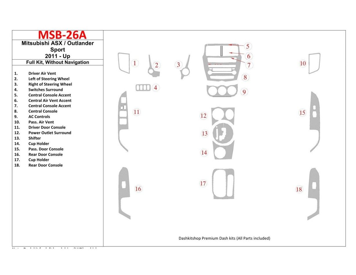 Mitsubishi Outlander ASX/Sport 2011-UP Full Set, Without NAVI Interior BD Dash Trim Kit