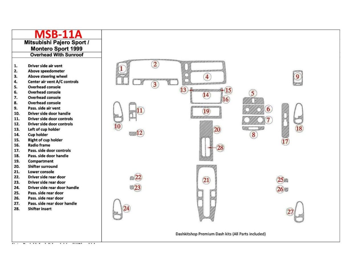 Mitsubishi Pajero Sport/Montero Sport 1998-2008 Overhead With Sunroof, 28 Parts set Cruscotto BD Rivestimenti interni