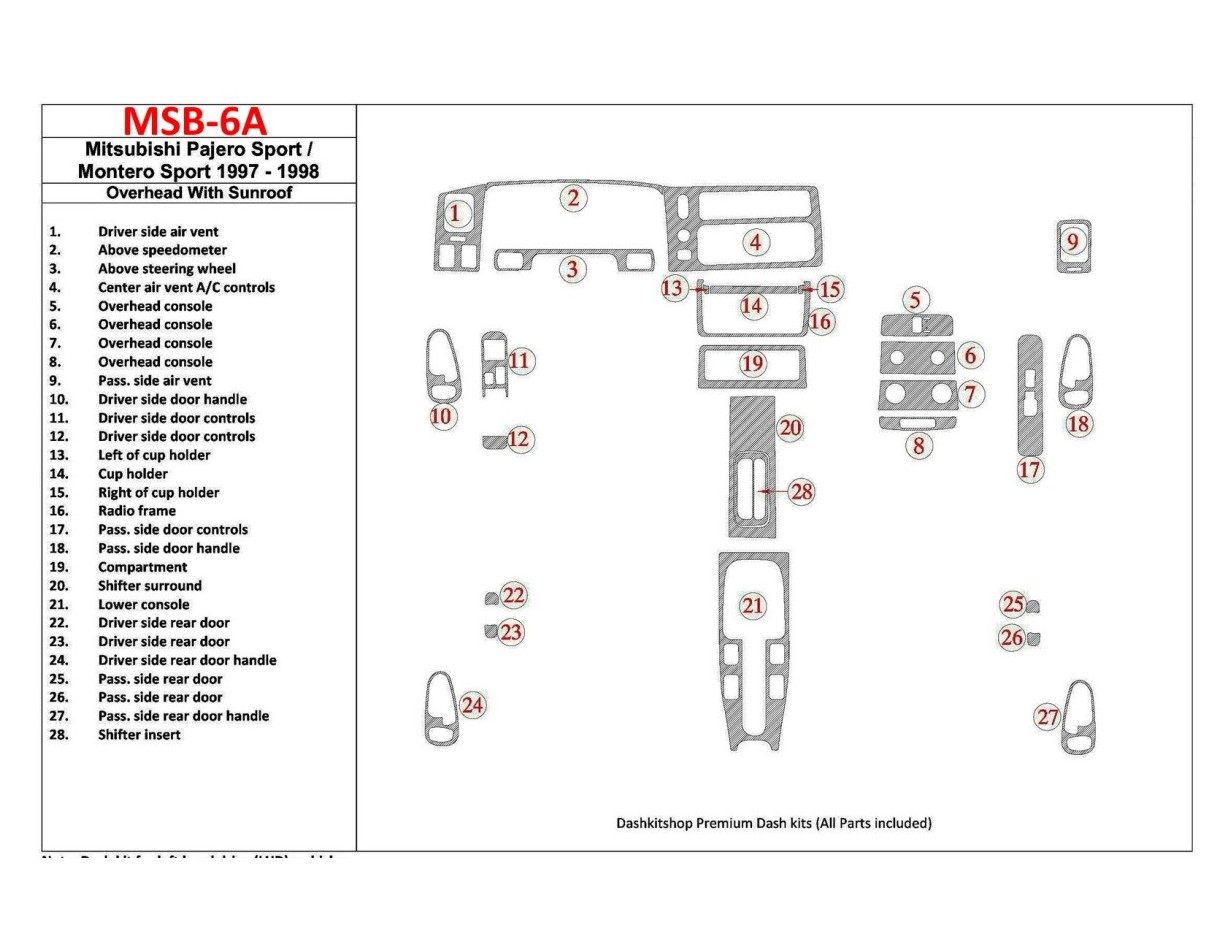 Mitsubishi Pajero Sport/Montero Sport 1998-2008 With Overhead, With Sunroof, 28 Parts set Interior BD Dash Trim Kit
