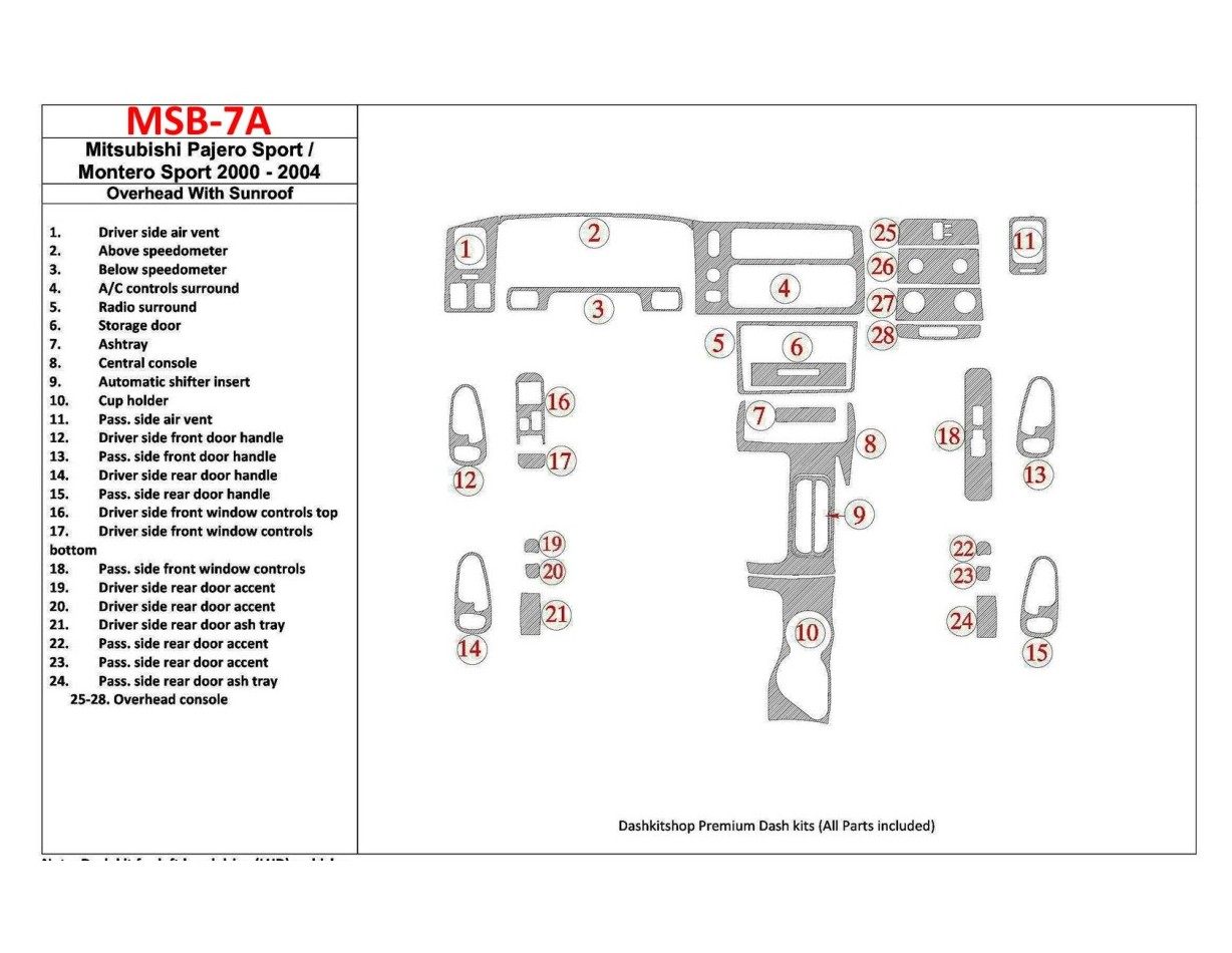 Mitsubishi Pajero Sport/Montero Sport 1998-2008 With Overhead, With Sunroof, 28 Parts set Interior BD Dash Trim Kit