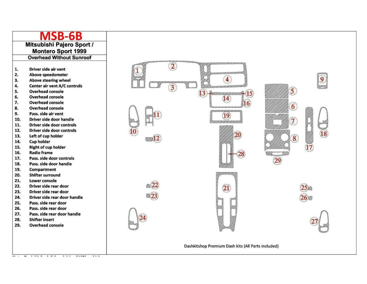 Mitsubishi Pajero Sport/Montero Sport 1998-2008 With Overhead, Without Sunroof, 29 Parts set BD Interieur Dashboard Bekleding Vo