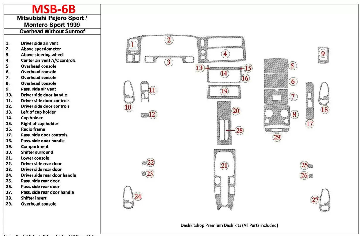 Mitsubishi Pajero Sport/Montero Sport 1998-2008 With Overhead, Without Sunroof, 29 Parts set Interior BD Dash Trim Kit