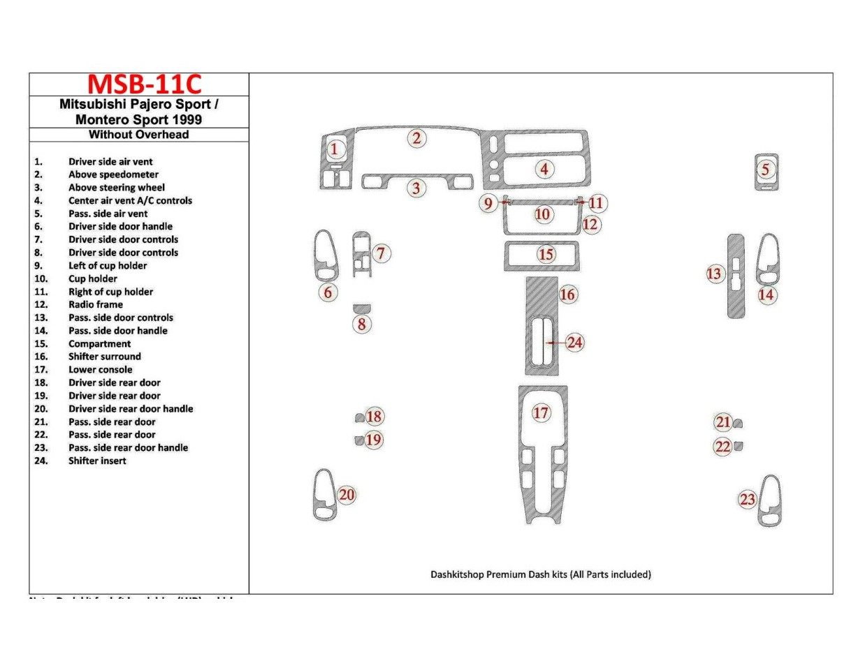 Mitsubishi Pajero Sport/Montero Sport 1998-2008 Without Overhead, 24 Parts set BD Interieur Dashboard Bekleding Volhouder