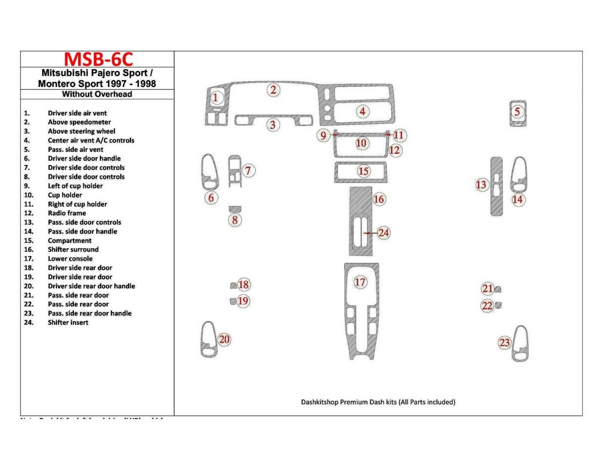 Mitsubishi Pajero Sport/Montero Sport 1998-2008 Without Overhead, 24 Parts set Interior BD Dash Trim Kit