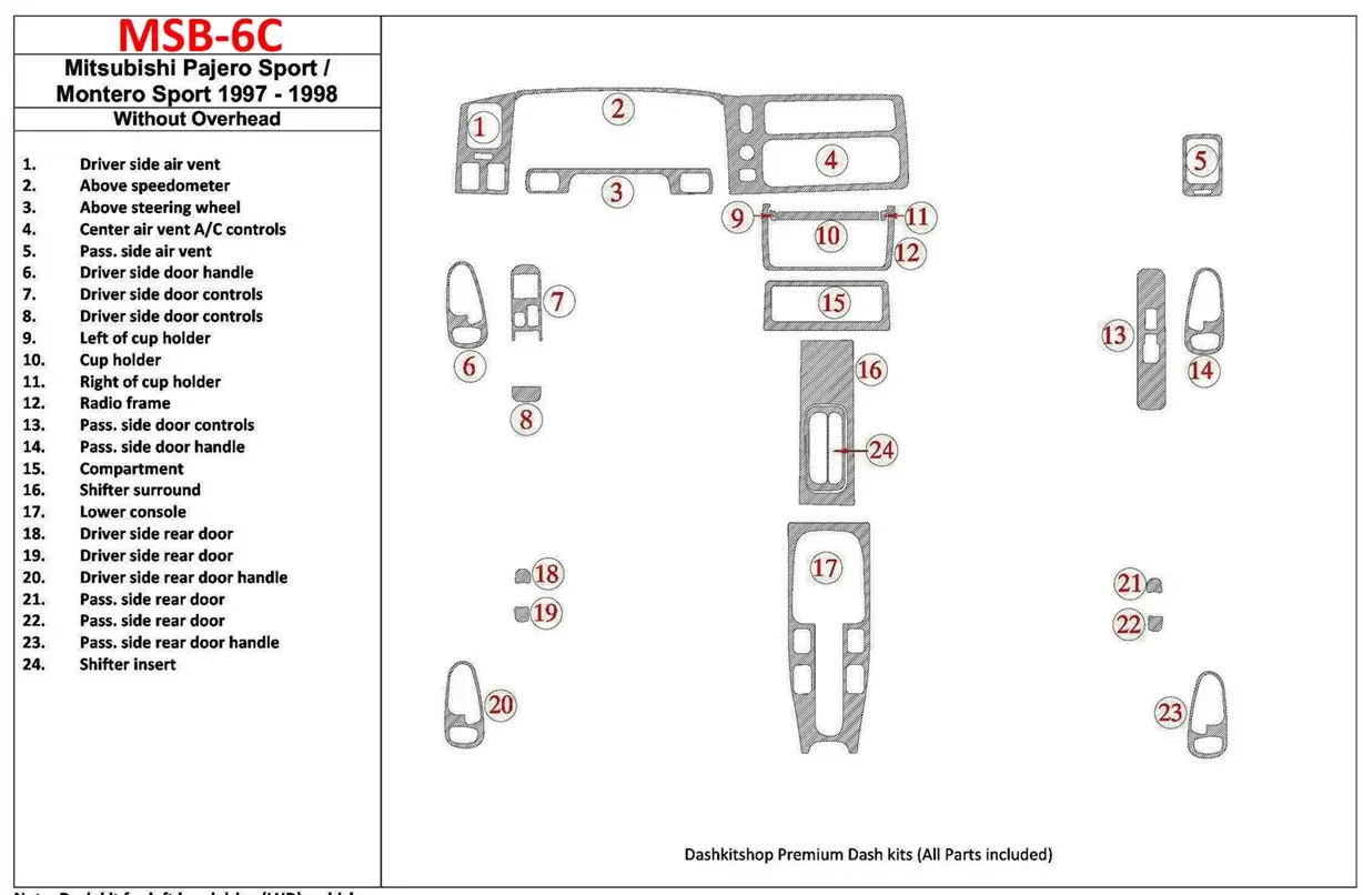 Mitsubishi Pajero Sport/Montero Sport 1998-2008 Without Overhead, 24 Parts set Interior BD Dash Trim Kit