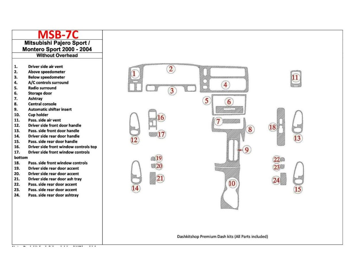 Mitsubishi Pajero Sport/Montero Sport 1998-2008 Without Overhead, 24 Parts set Interior BD Dash Trim Kit