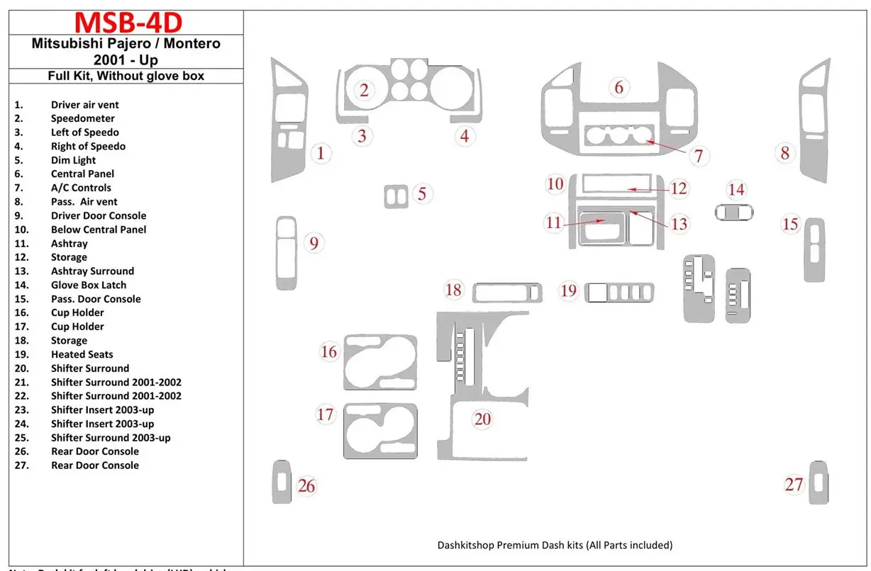 Mitsubishi Pajero/Montero 2000-2006 Full Set, Without glowe-box Interior BD Dash Trim Kit