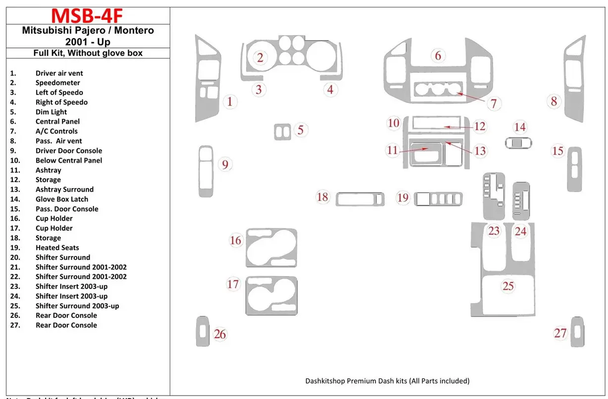 Mitsubishi Pajero/Montero 2000-2006 Full Set, Without glowe-box Interior BD Dash Trim Kit