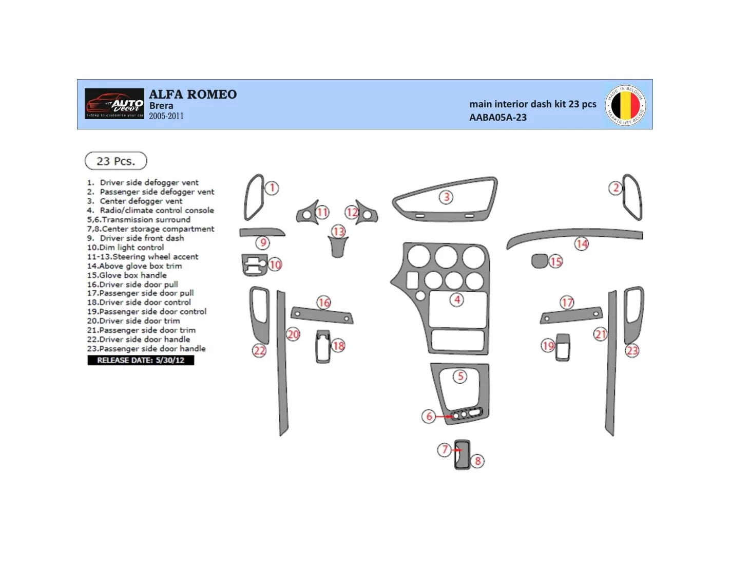 Alfa Romeo Brera 2005-2011 3D Inleg dashboard Interieurset aansluitend en pasgemaakt op he 22 -Teile