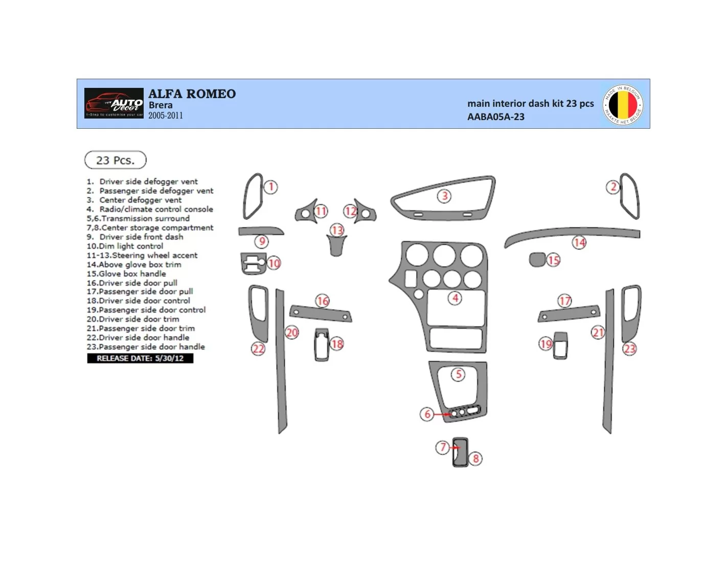 Alfa Romeo Brera 2005-2011 3D Interior Dashboard Trim Kit Dash Trim Dekor 22-Parts