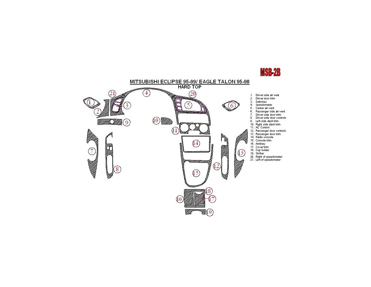 Mitsubishi Spyder 1995-1999 Soft roof-Coupe, 21 Parts set BD Interieur Dashboard Bekleding Volhouder
