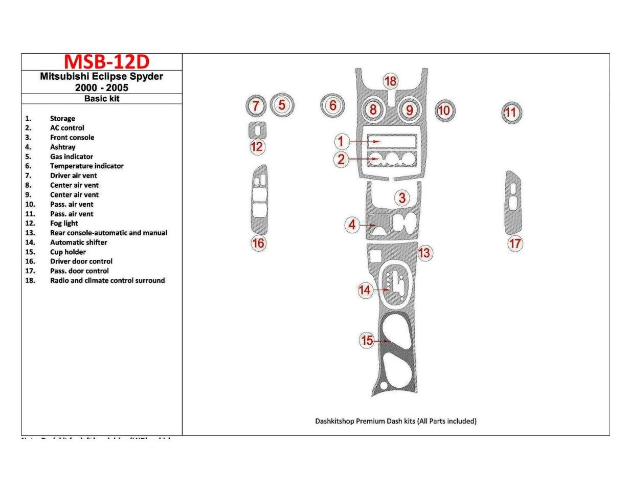 Mitsubishi Spyder 2000-2005 Basic Set, 18 Parts set BD Interieur Dashboard Bekleding Volhouder