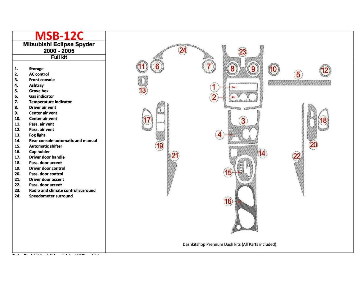 Mitsubishi Spyder 2000-2005 Full Set, 24 Parts set BD Interieur Dashboard Bekleding Volhouder