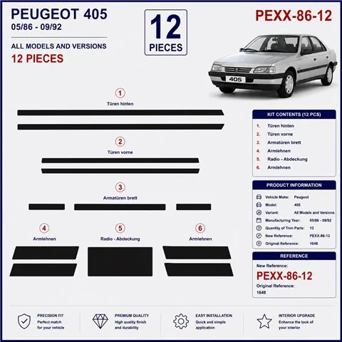 Peugeot 405 1986-1992 3D dashboard trim kit, 12 parts 2