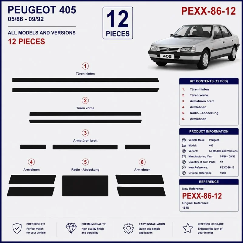 Peugeot 405 1986-1992 kit salpicadero 3D, 12 piezas