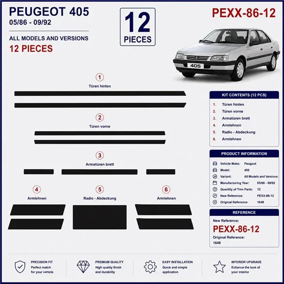 Peugeot 405 1986-1992 3D dashboard trim kit, 12 parts