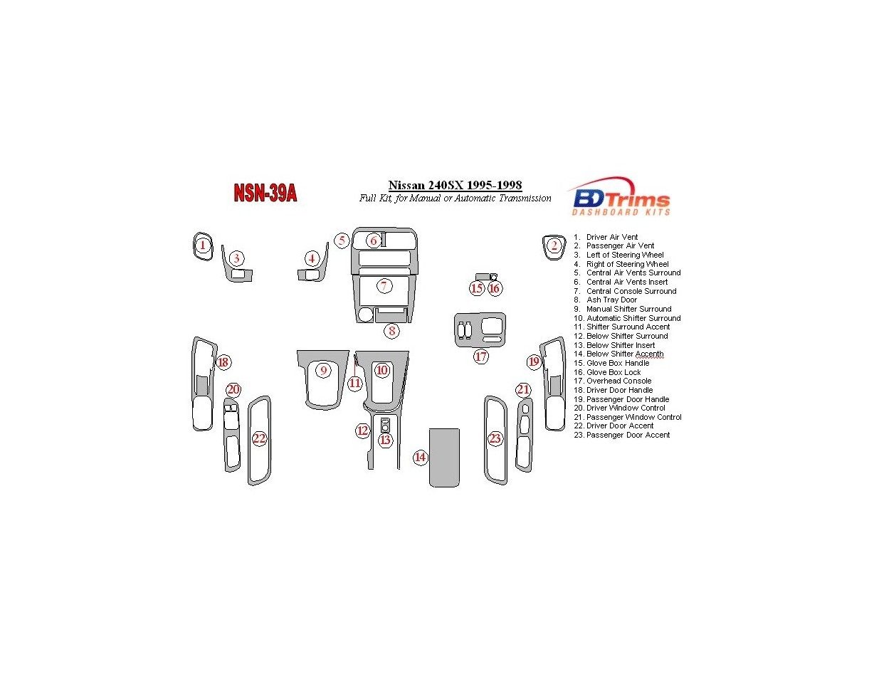 Nissan 240SX 1995-1998 Manual Gearbox or Automatic Gear Cruscotto BD Rivestimenti interni