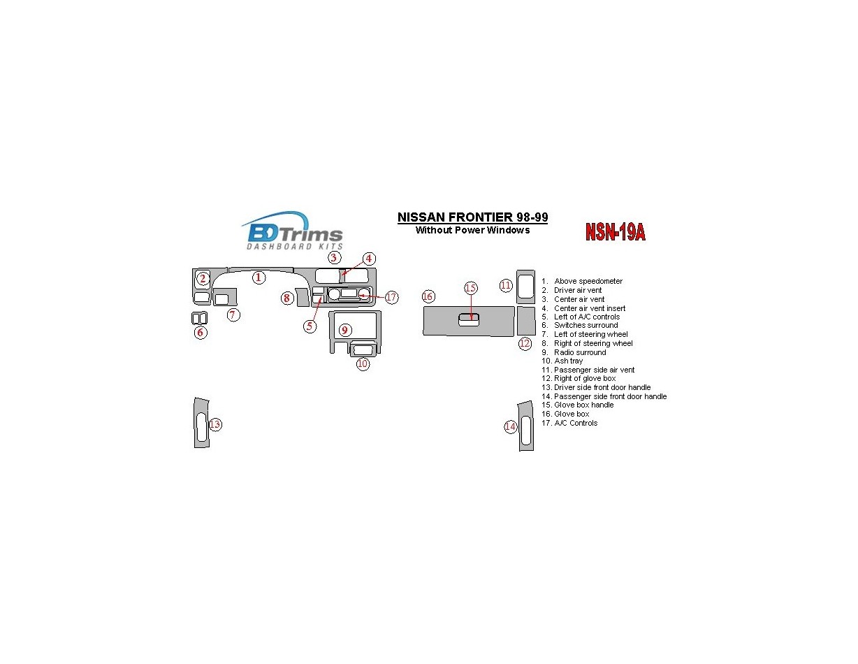 Nissan Frontier 1998-1999 Without Power Windows Interior BD Dash Trim Kit