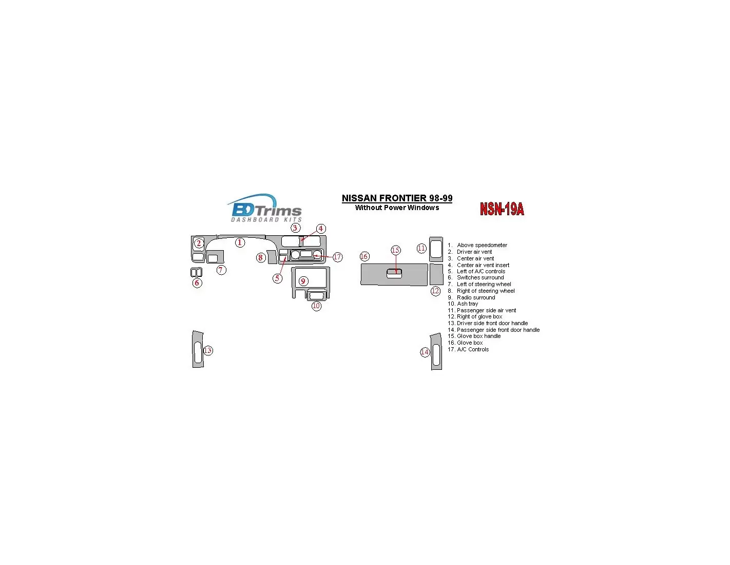 Nissan Frontier 1998-1999 Without Power Windows Interior BD Dash Trim Kit