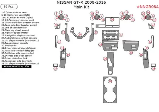 Nissan GT-R 2008-2016 kit de garniture de tableau de bord intérieur principal, 39 pièces - 1 - habillage decor de tableau de bor