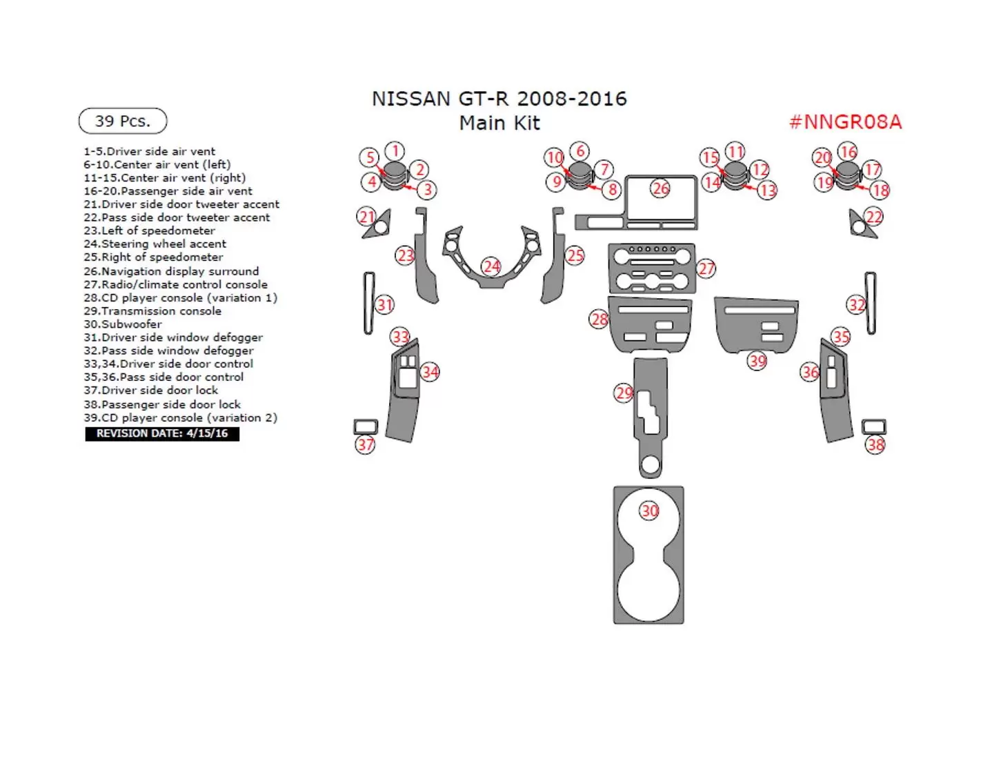 Nissan GT-R 2008-2016 kit de garniture de tableau de bord intérieur principal, 39 pièces - 1 - habillage decor de tableau de bor