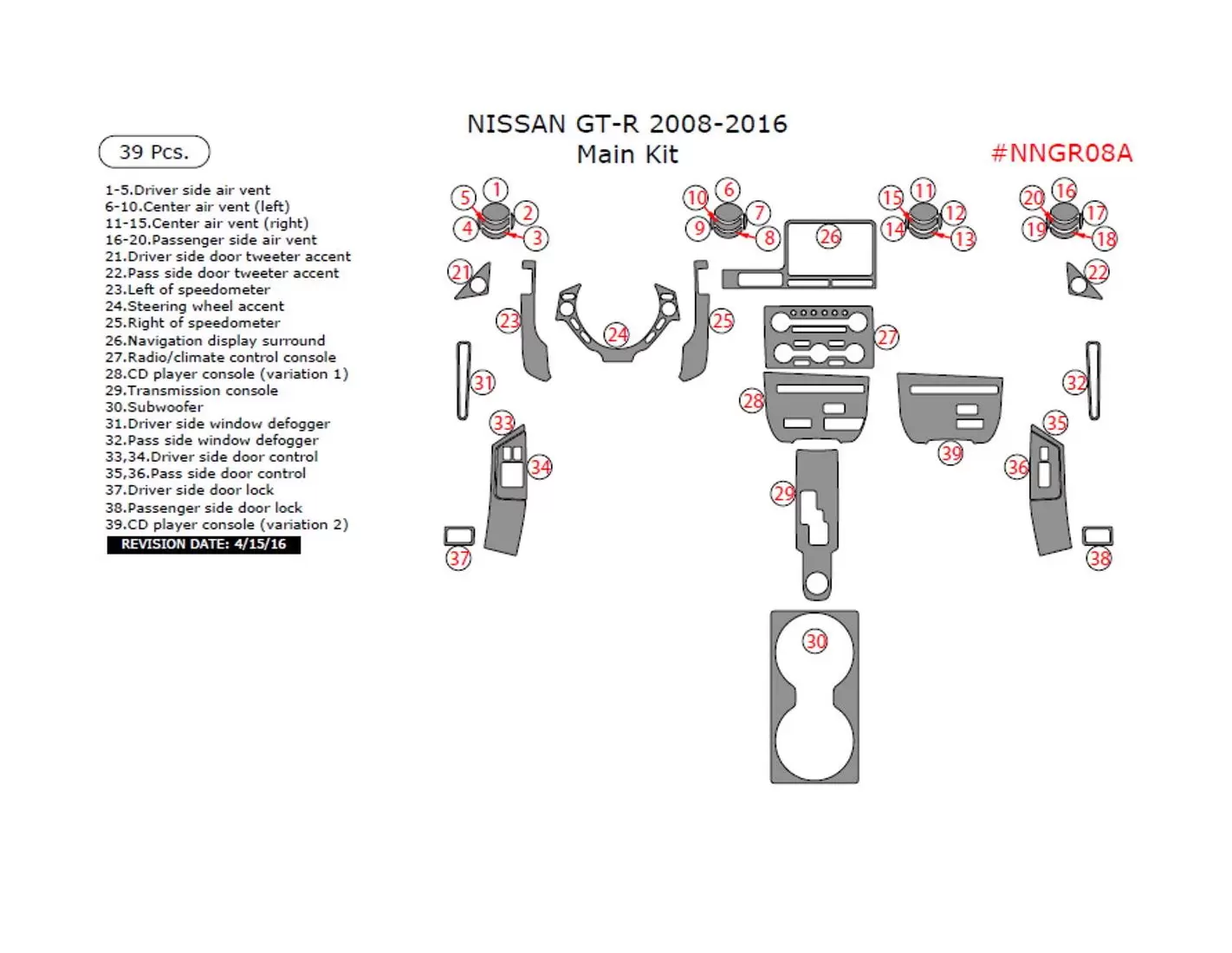 Nissan GT-R 2008-2016 kit de moldura de tablero interior principal, 39 piezas