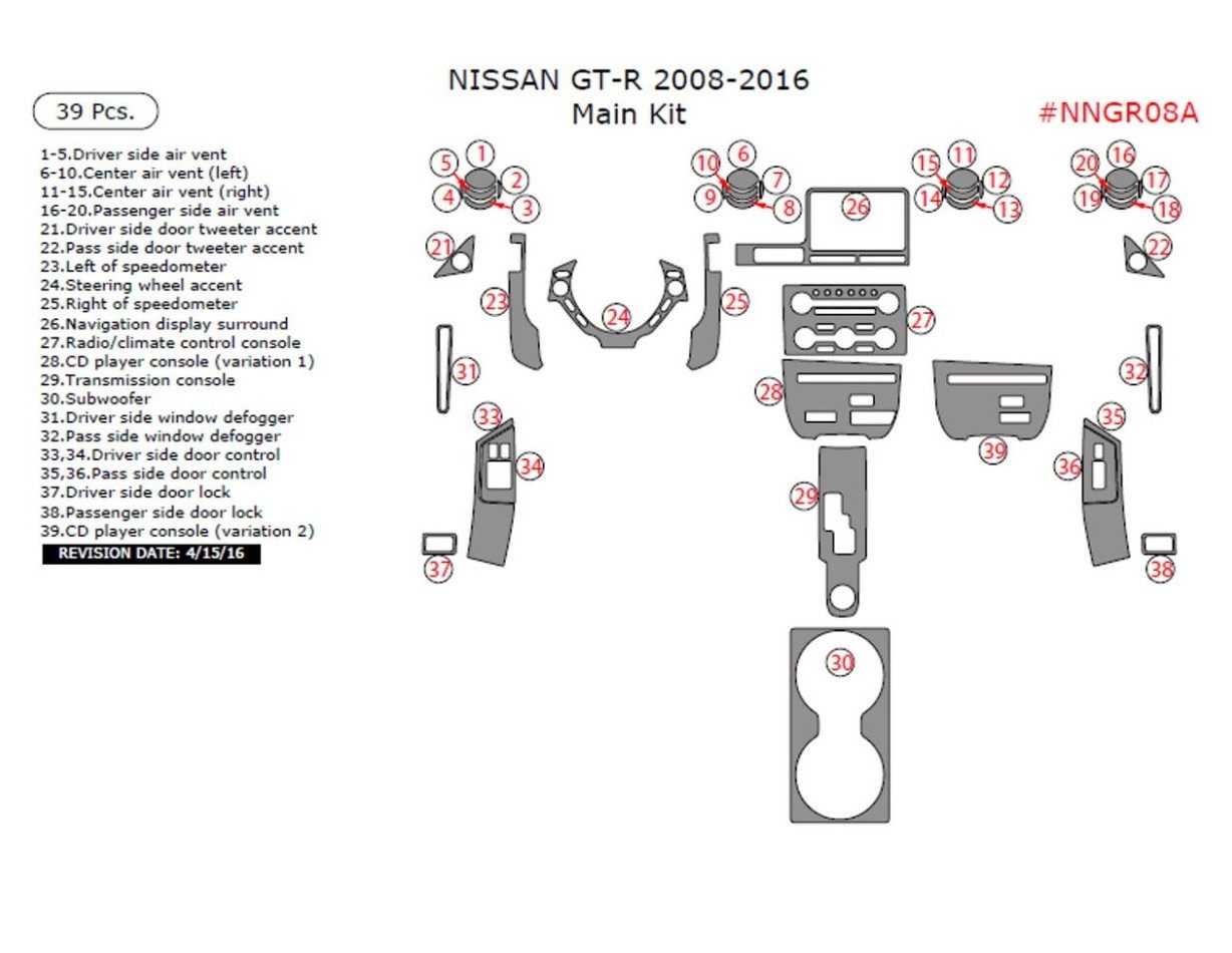 Nissan GT-R 2008-2016 main interior dash trim kit, 39 Pcs