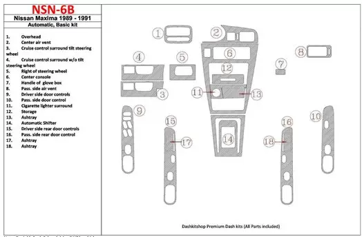 Nissan Maxima 1989-1991 Basic Set, Automatic Gearbox, 18 Parts set Decor de carlinga su interior