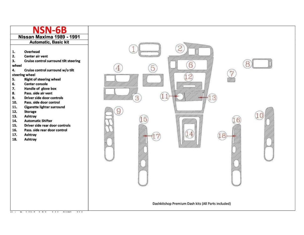Nissan Maxima 1989-1991 Basic Set, Automatic Gearbox, 18 Parts set Interior BD Dash Trim Kit